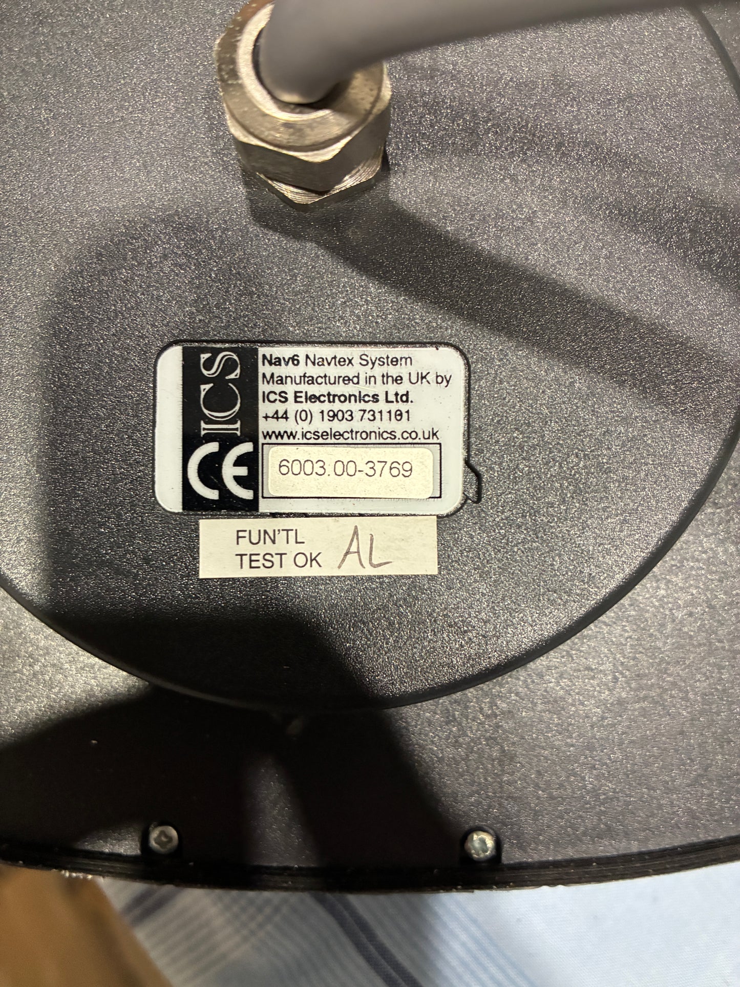 ICS NAV6 Navtex System rear label showing serial number 6003.00-3769 and function test OK