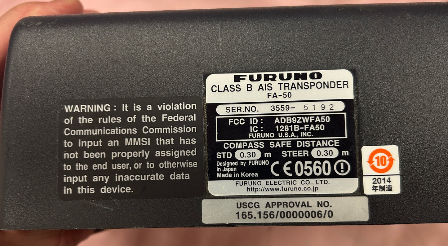 Furuno FA-50 Class B AIS transponder serial number label
