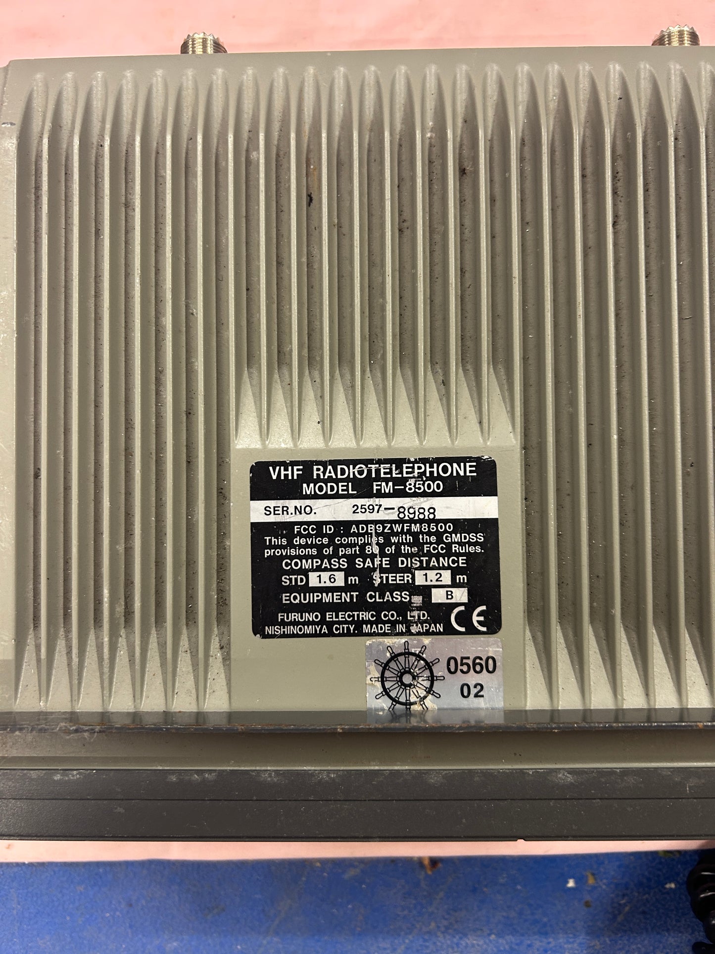 Furuno FM-8500 VHF radiotelephone rear model and serial label