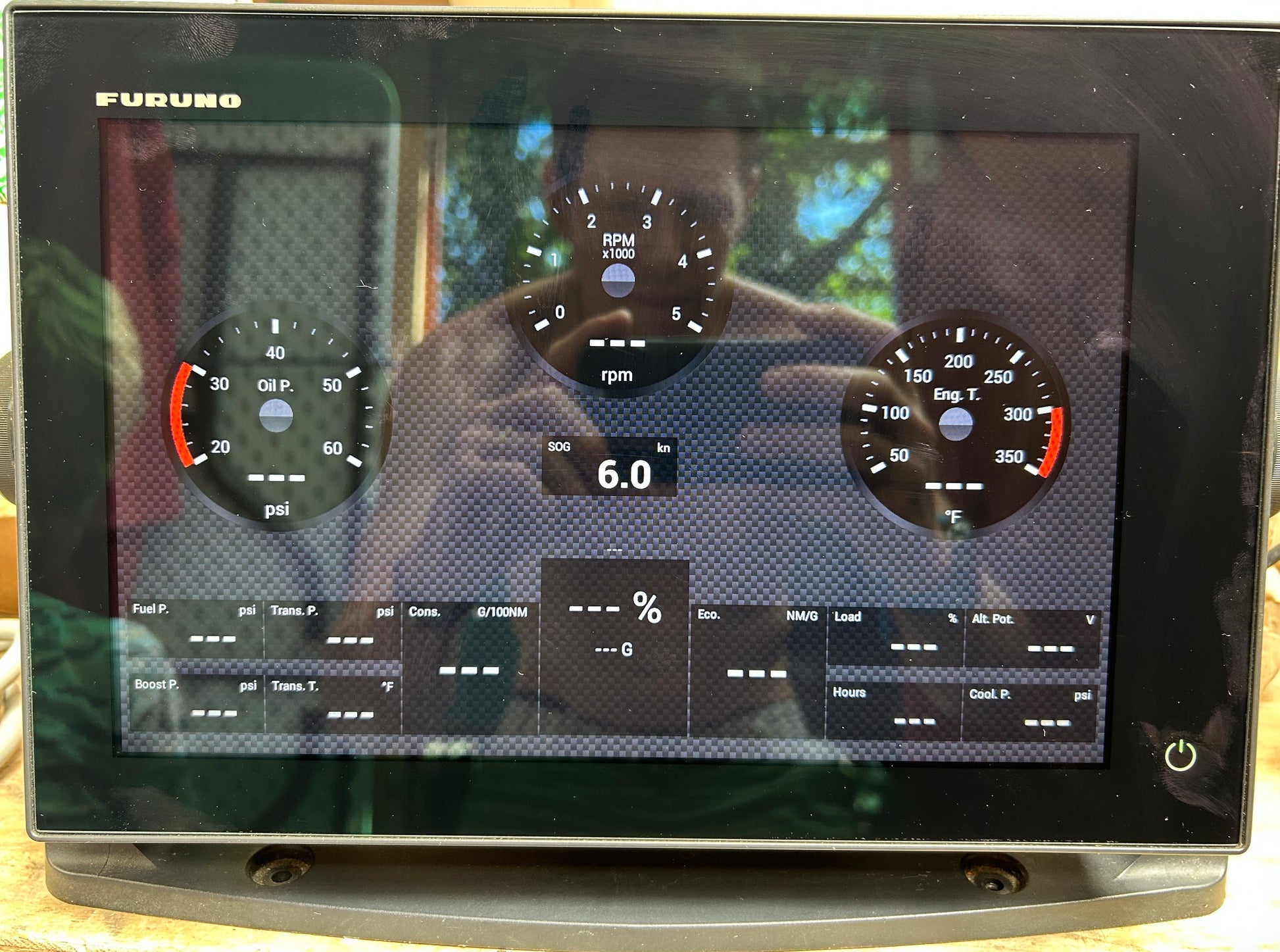 Furuno TZTL12F instrument display screen showing engine data layout