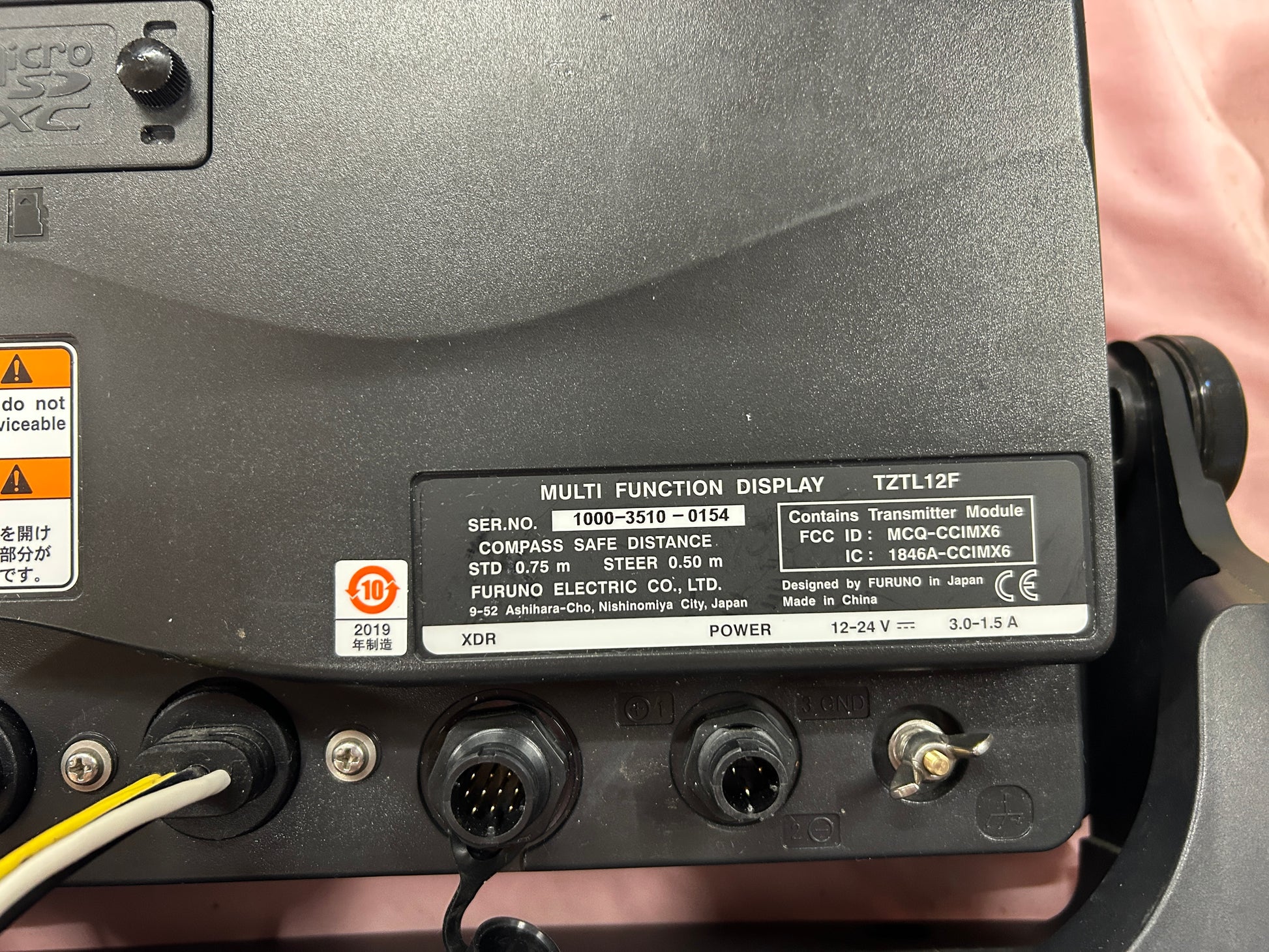 Furuno TZTL12F rear serial label serial number 1000-3510-0154