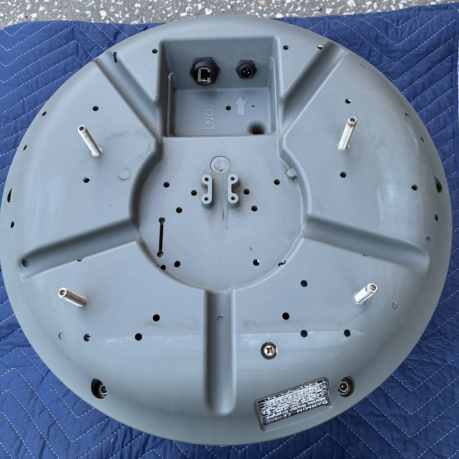 Garmin GMR 18 HD radome radar base showing power and network connectors