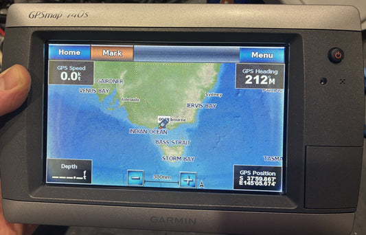 Garmin GPSMAP 740s marine chartplotter showing map and GPS position