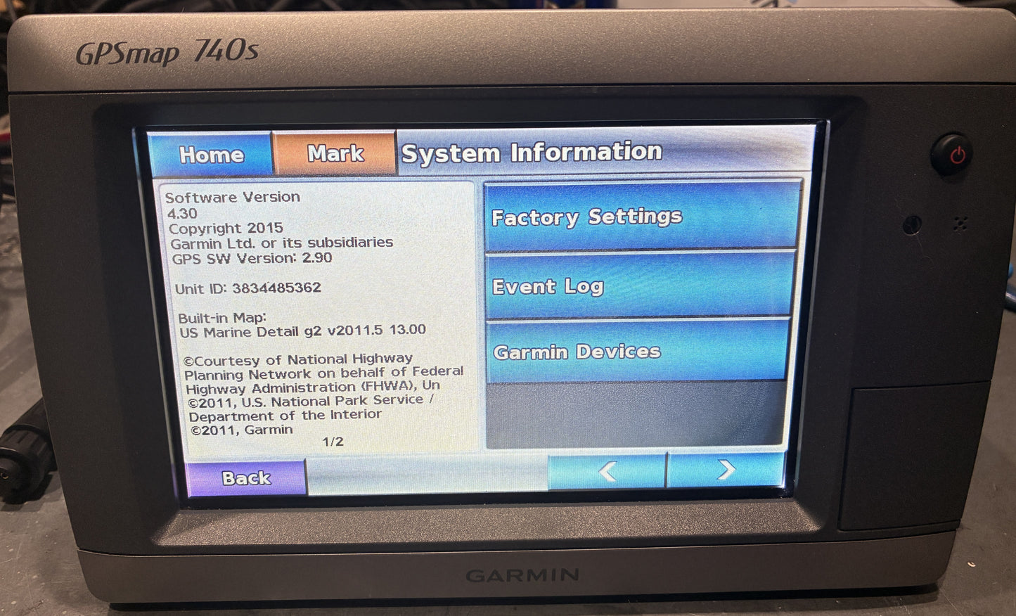 Garmin GPSMAP 740s tested working with system information displayed