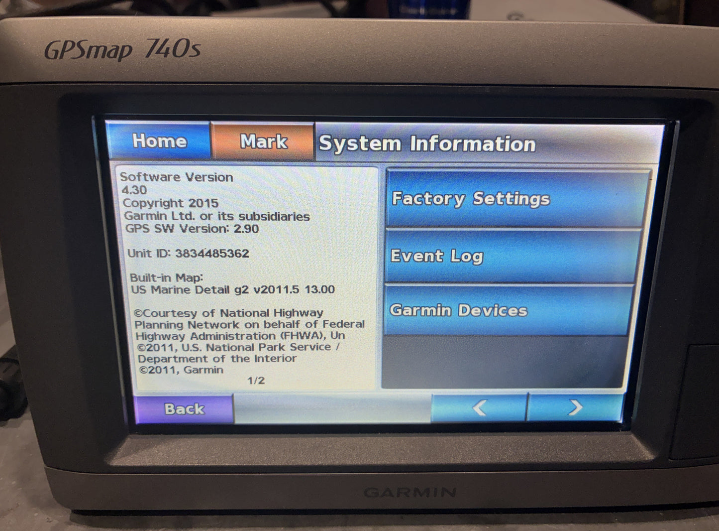 Garmin GPSMAP 740s system information screen showing software version and unit ID