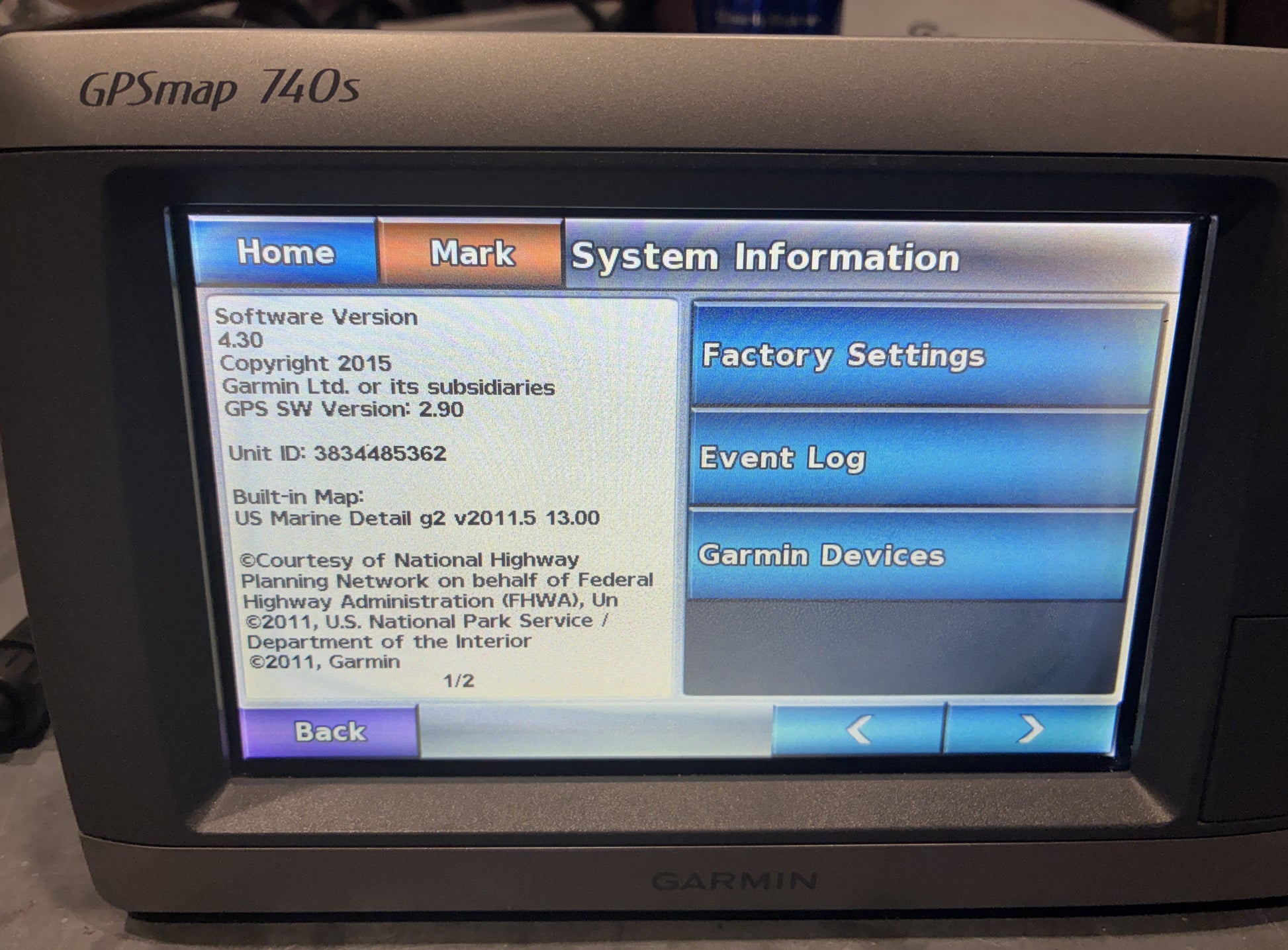 Garmin GPSMAP 740s system information screen showing software version and unit ID