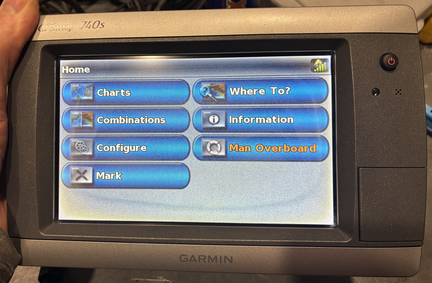Garmin GPSMAP 740s touchscreen chartplotter home menu powered on