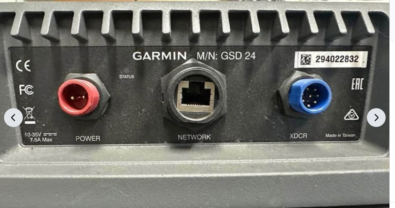 Garmin GSD 24 advanced sonar module showing power network and transducer ports