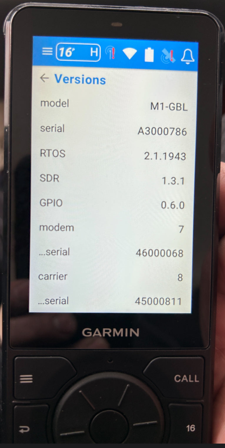 Garmin Vesper Cortex H1P handset showing version information