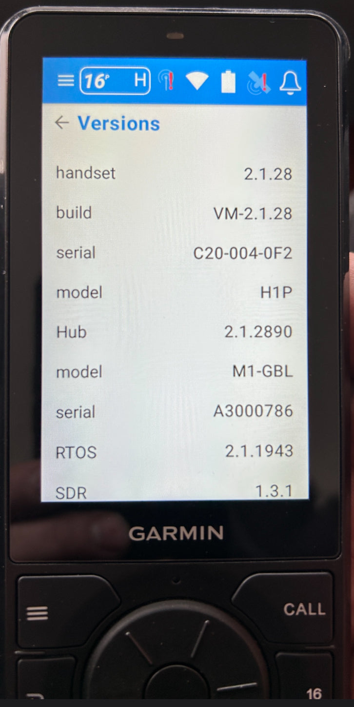 Garmin Vesper Cortex H1P handset serial and software version screen