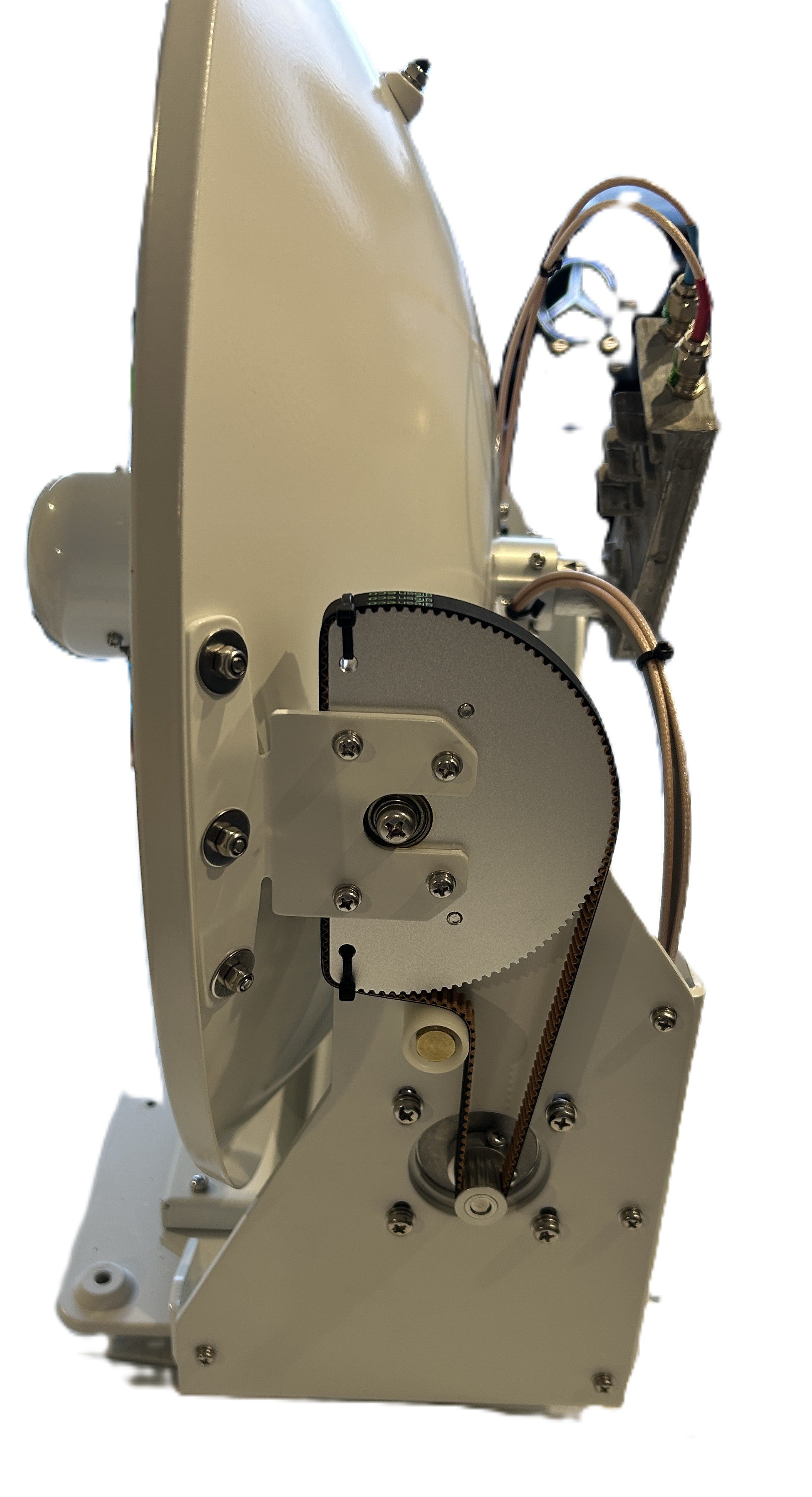 Raymarine 45STV satellite TV antenna side view showing belt drive mechanism