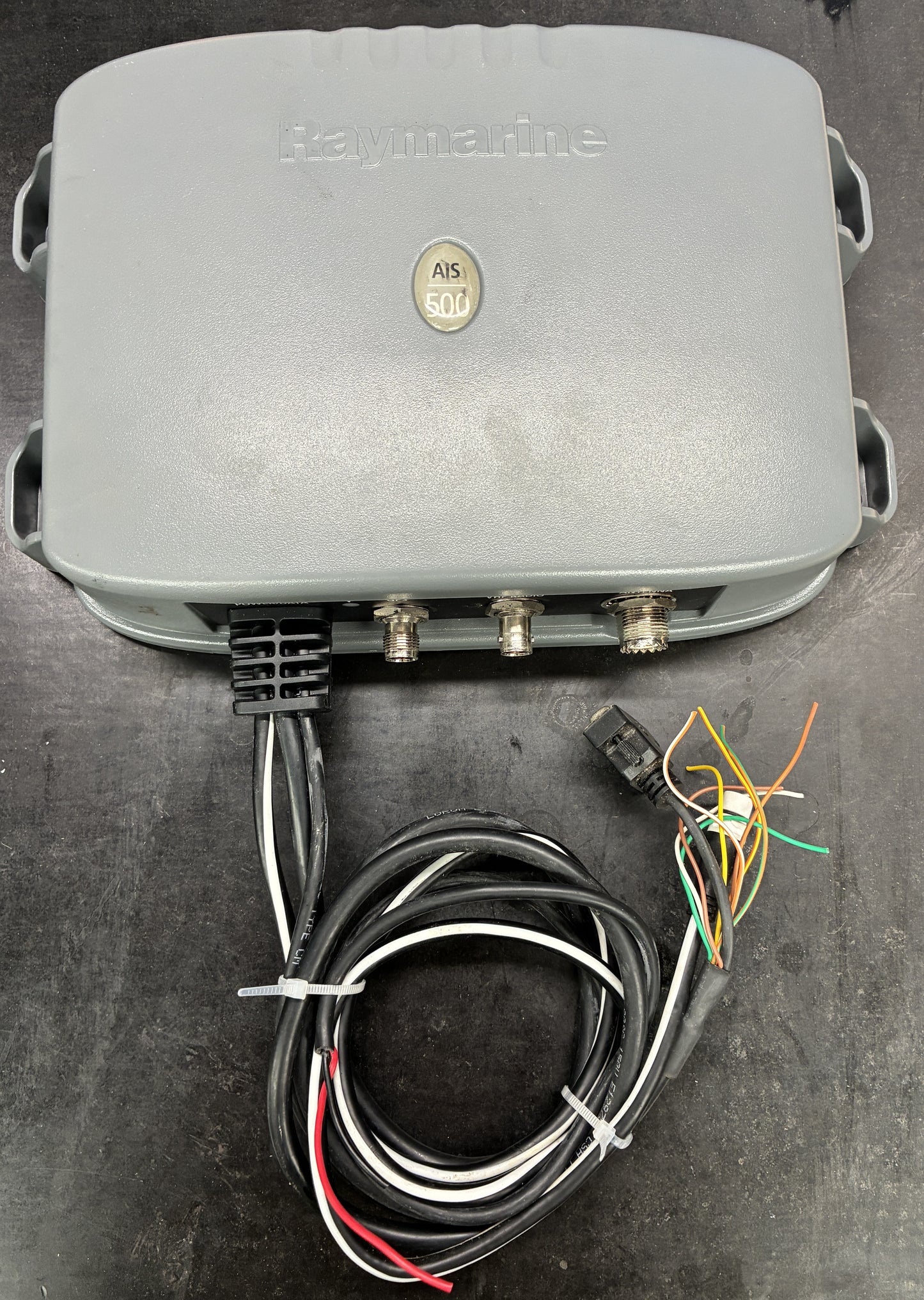 Raymarine AIS500 AIS transceiver with attached wiring harness and cables