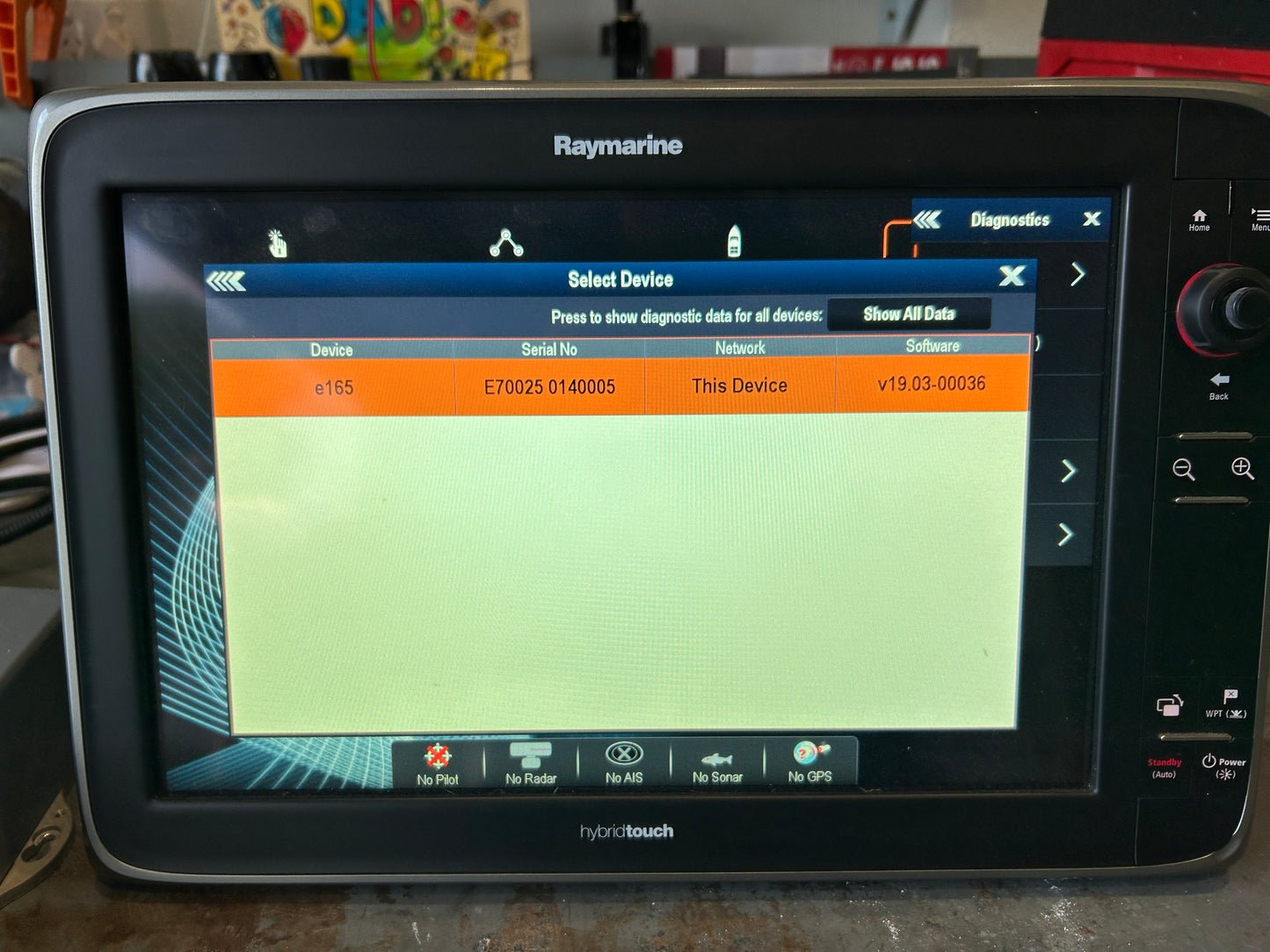 Raymarine e165 diagnostics screen showing serial number E70025 0140005 and software v19.03