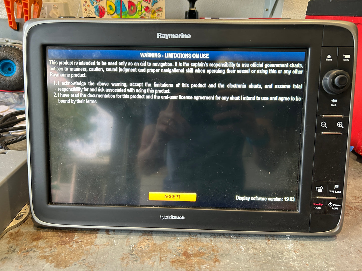 Raymarine e165 E70025 HybridTouch multifunction display showing navigation warning screen