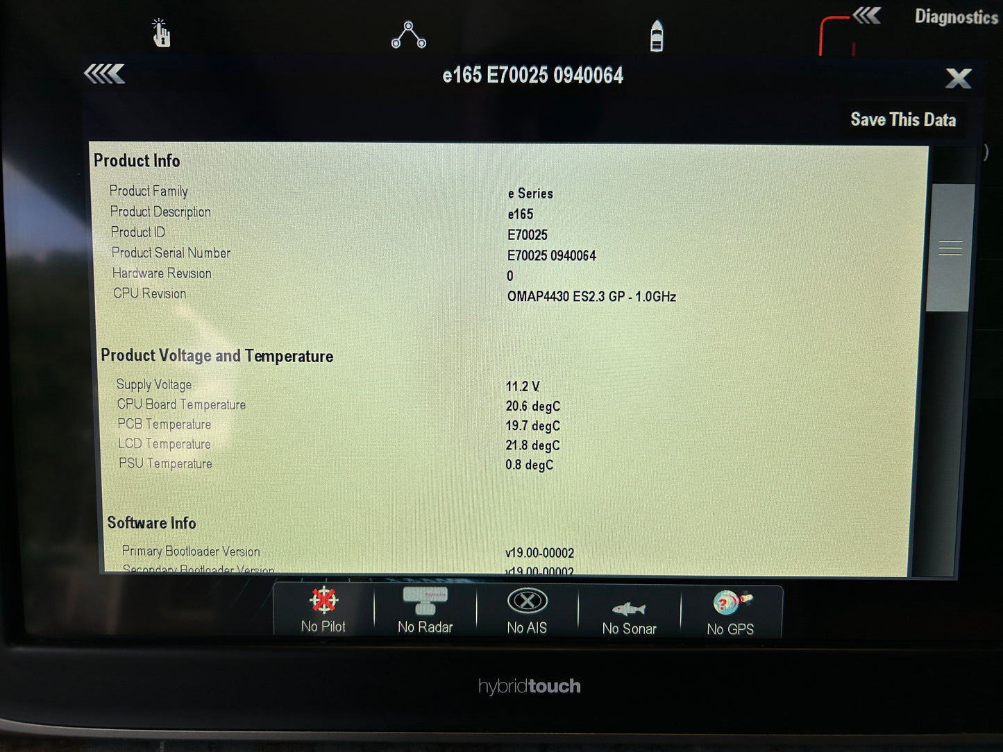 Raymarine e165 diagnostics screen showing serial number E70025 0940064