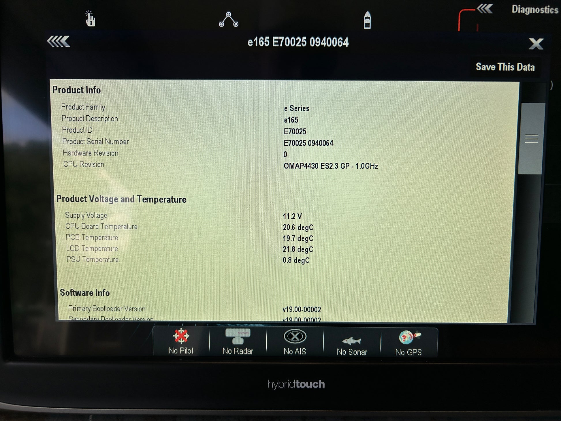 Raymarine e165 diagnostics screen showing serial number E70025 0940064