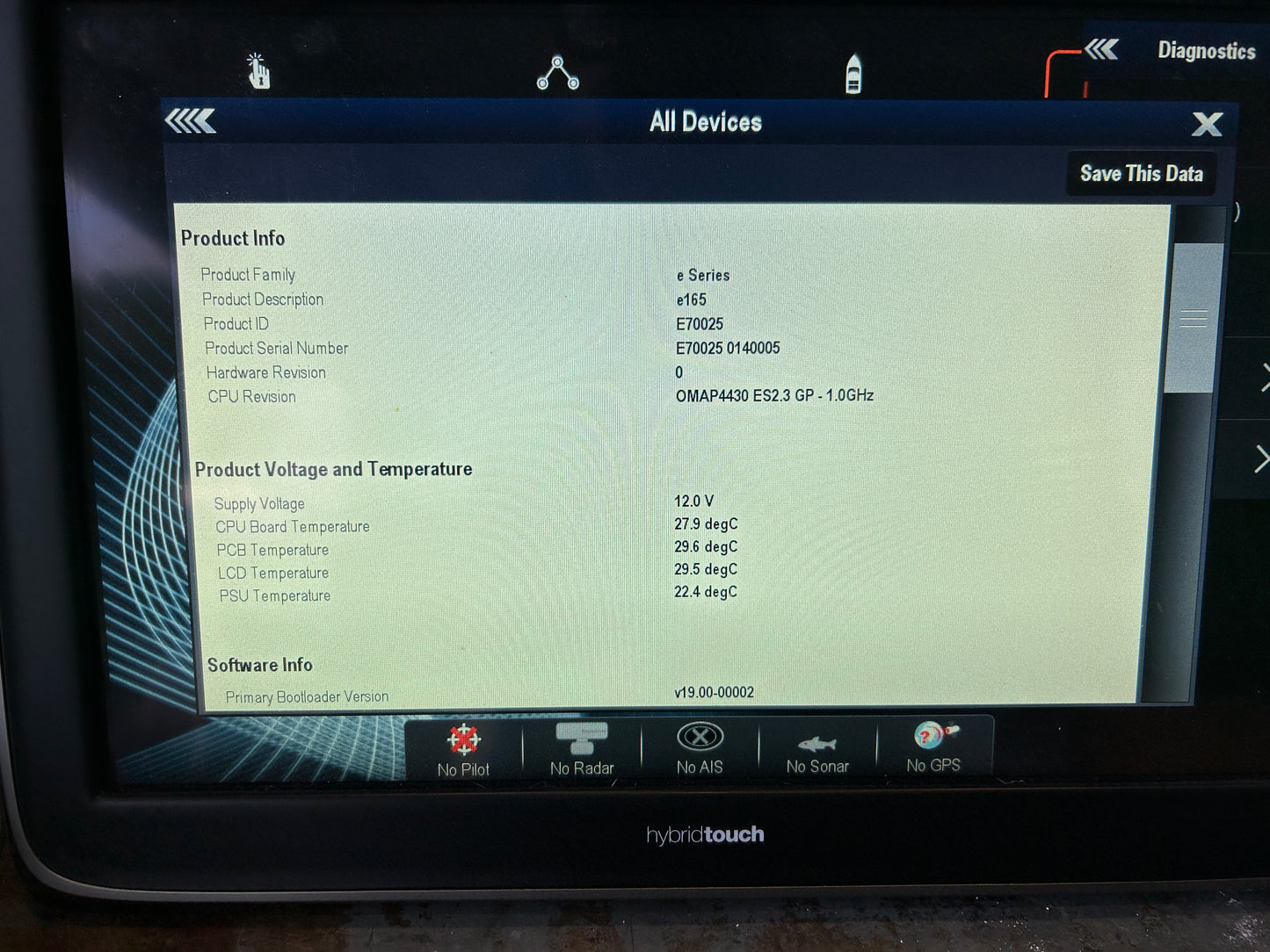 Raymarine e165 E70025 product information diagnostics screen for serial number 0140005