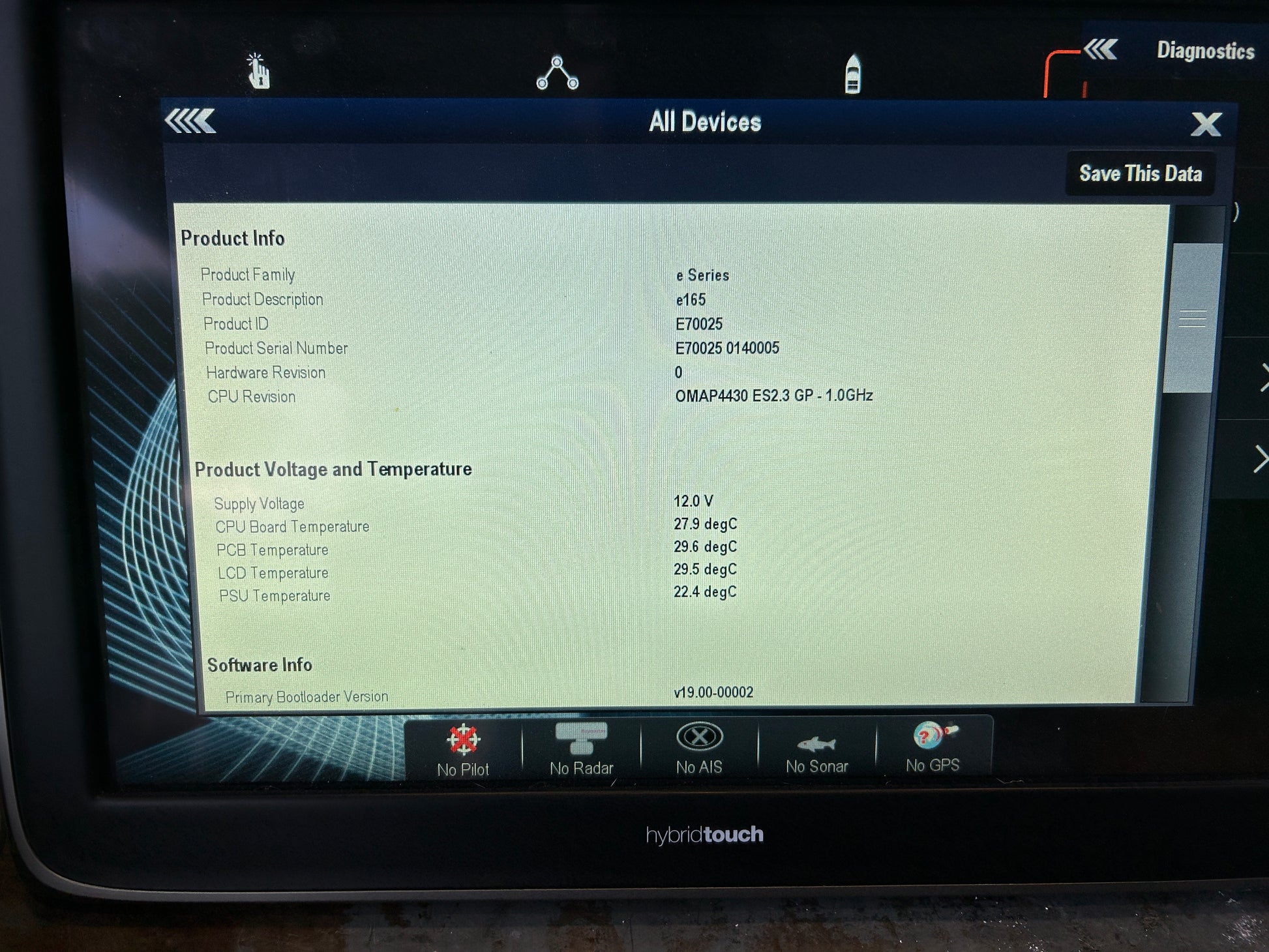 Raymarine e165 E70025 product information diagnostics screen for serial number 0140005