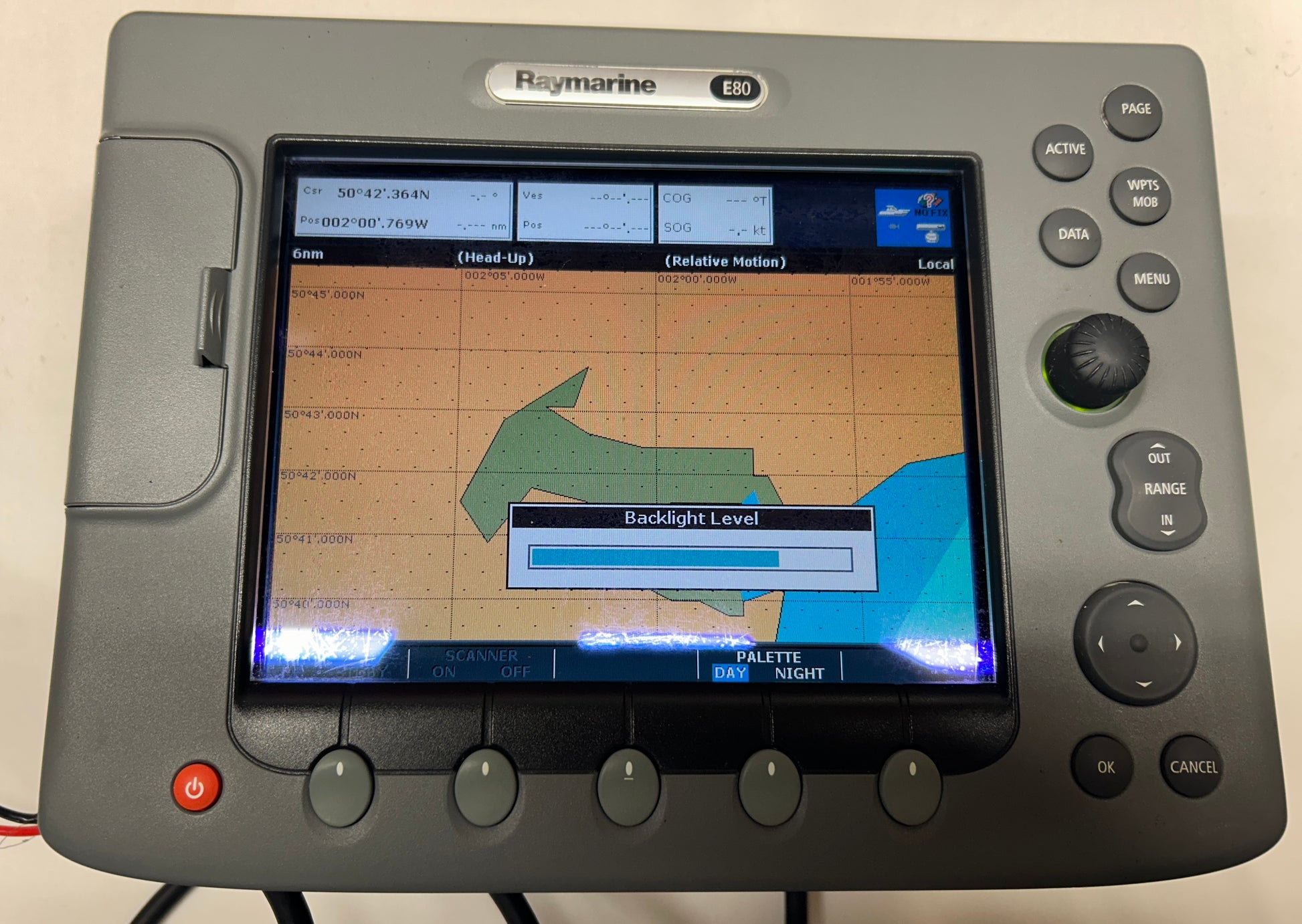 Raymarine E80 Classic multifunction display powered on showing chart screen