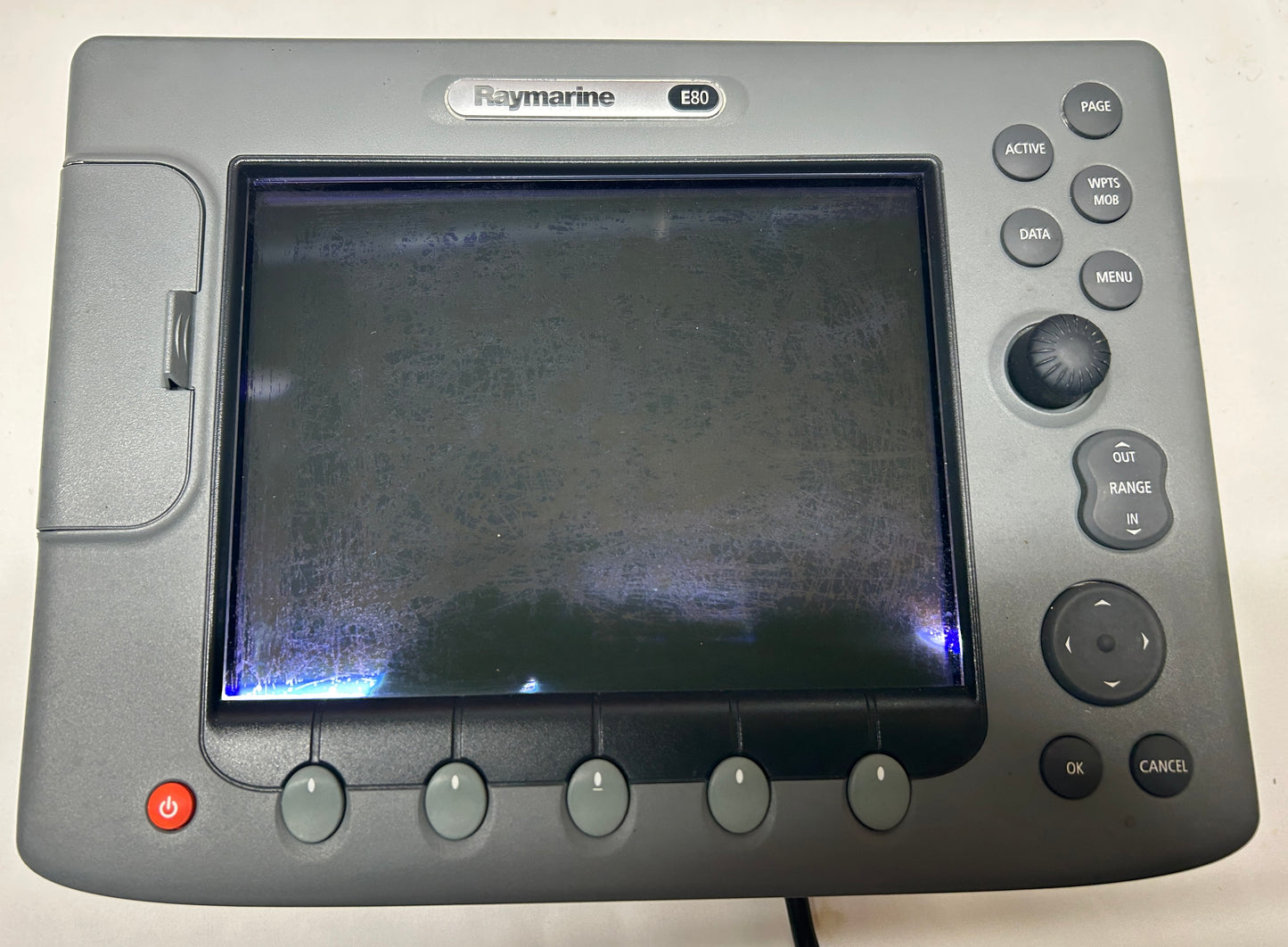 Raymarine E80 screen condition showing visible surface marks