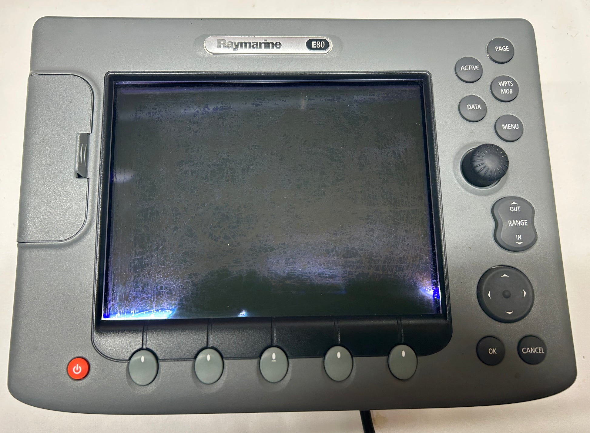 Raymarine E80 screen condition showing visible surface marks