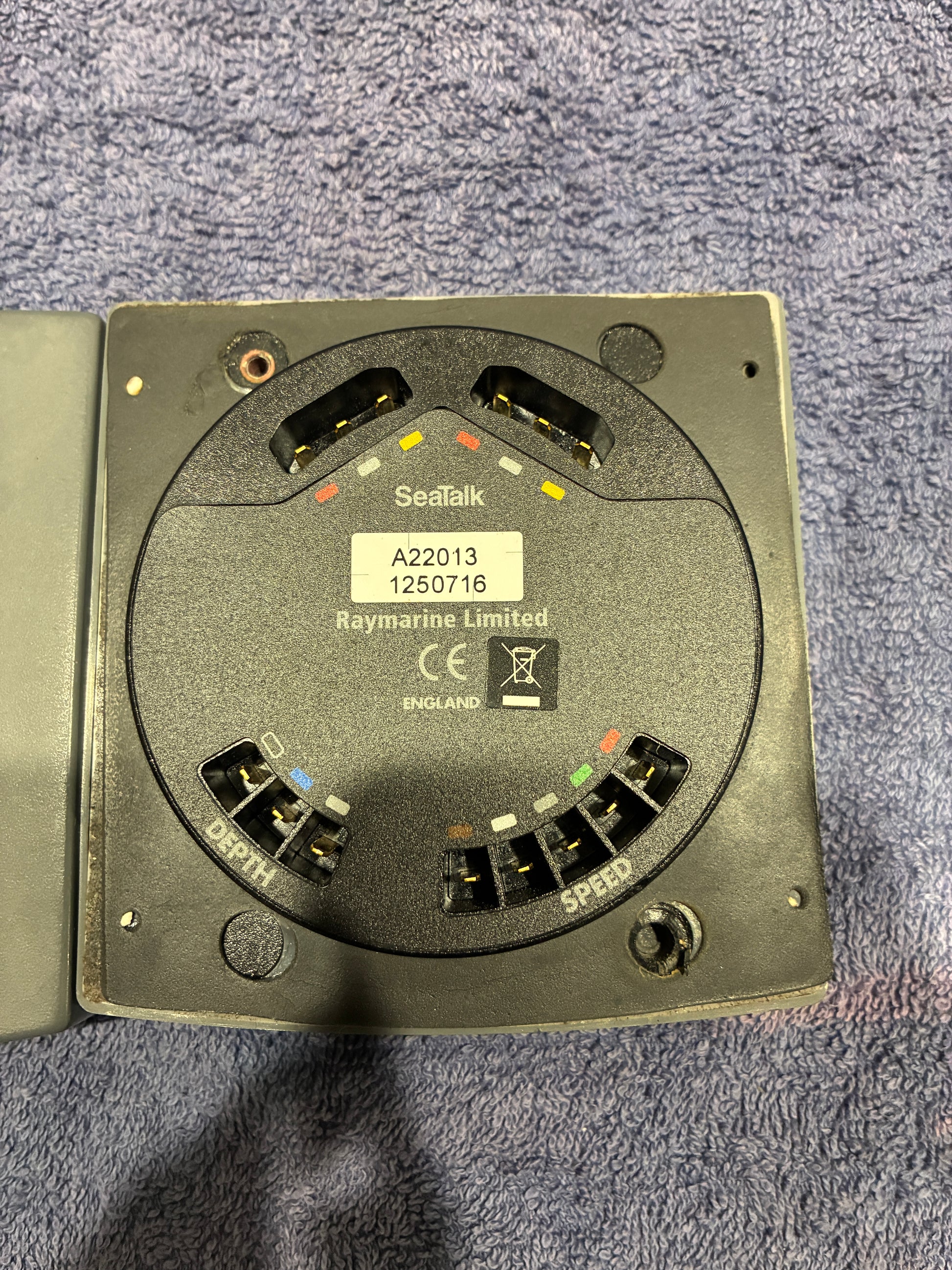 Raymarine ST60 Tridata rear label showing part number A22013 and serial number 1250716