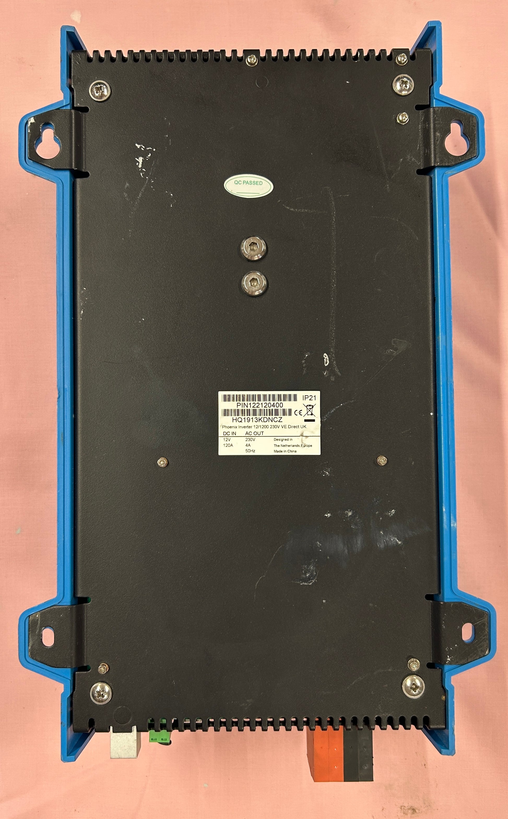 Victron Phoenix 12/1200 inverter rear label showing PIN122120400