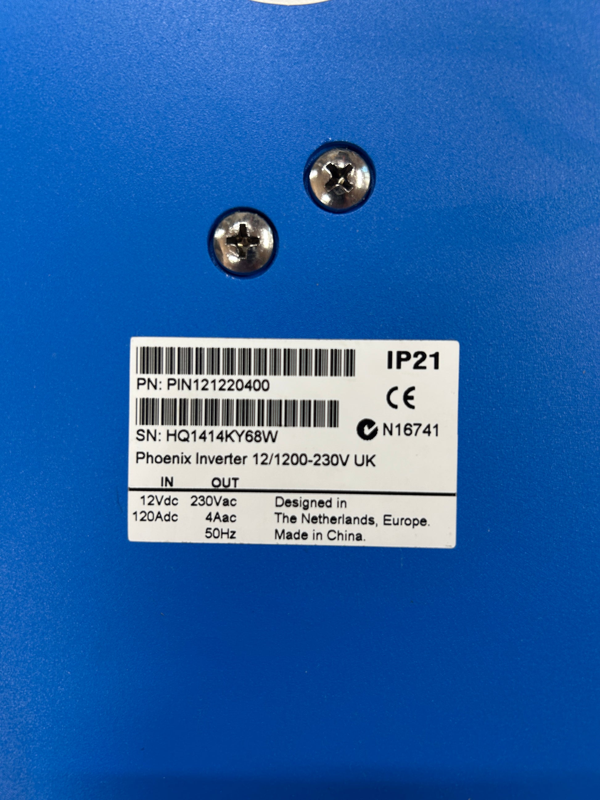 Victron Phoenix Inverter 12/1200 230V UK label with part number PIN121220400
