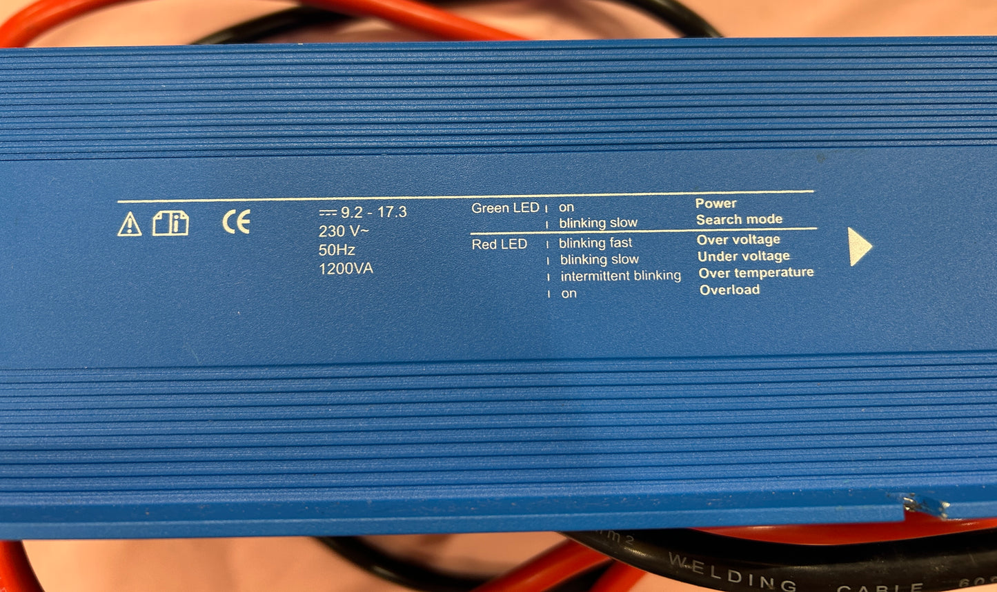Victron Phoenix 12/1200 inverter specification markings and LED guide