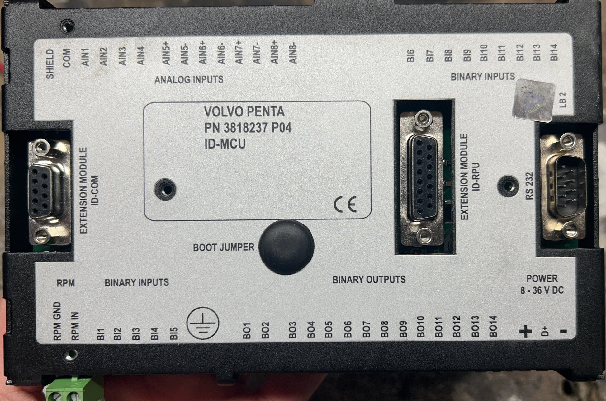 Volvo Penta ID-MCU marine control unit rear label showing PN 3818237 P04